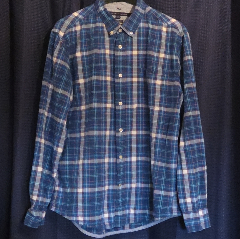 Tommy Hilfiger Men's Blue Plaid Shirt Vintage Look XL